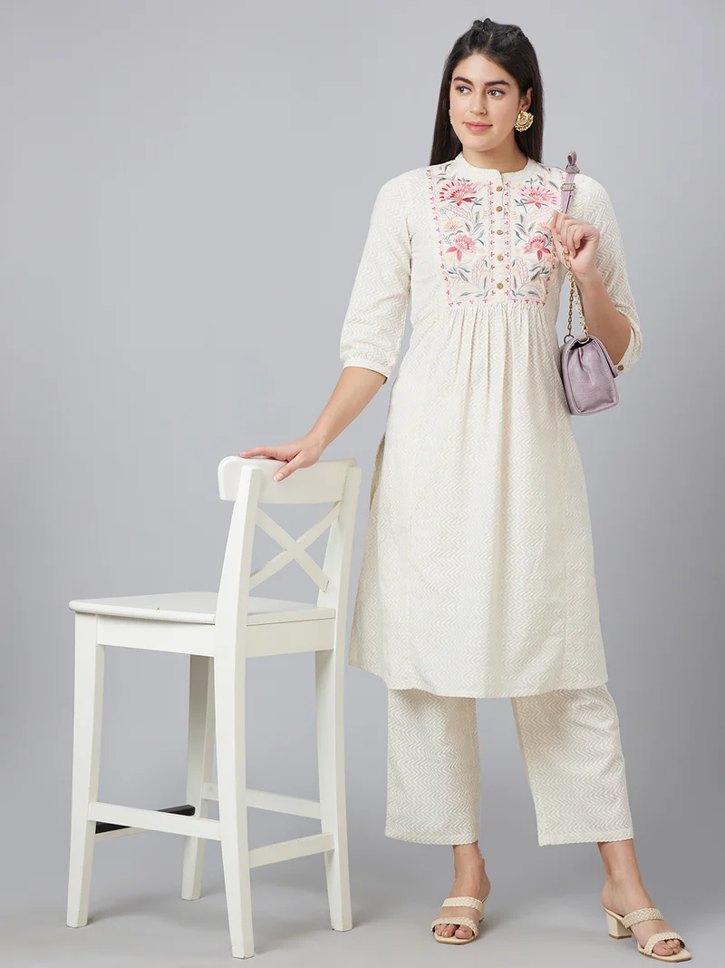globus Globus Women Floral Embroidered A-Line Kurta & Palazzos Set